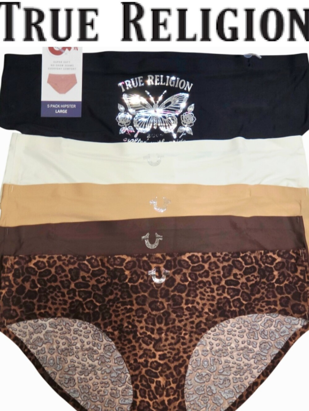 True Religion 5-PK Silver Foil Horseshoe Logo & Butterfly Leopord/Solid Hipsters